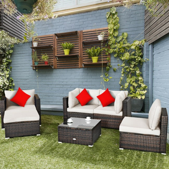 6 Pieces Patio Rattan Furniture Set with Sectional Cushion