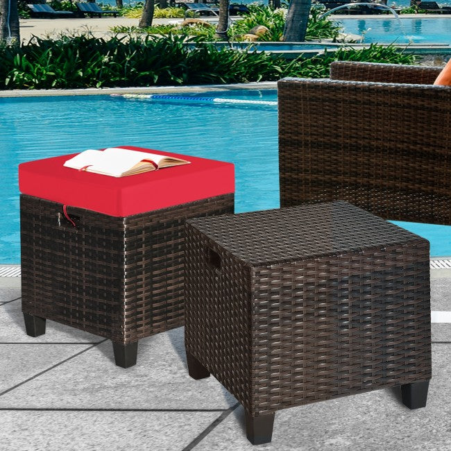 2 Pieces Patio Rattan Ottoman Cushioned Seat