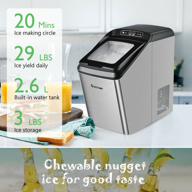 29 Lbs/24H Countertop Nugget Ice Maker Stainless Steel Ice Machine with Self-Clean and Auto-Defrost Function