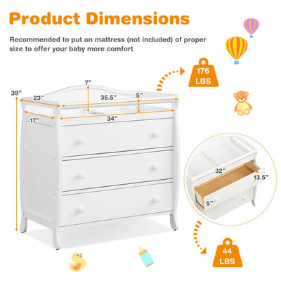 2 In 1 Baby Changer Dresser 3-Drawer Infant Diaper Changing Table with Safety Belt for Nursery
