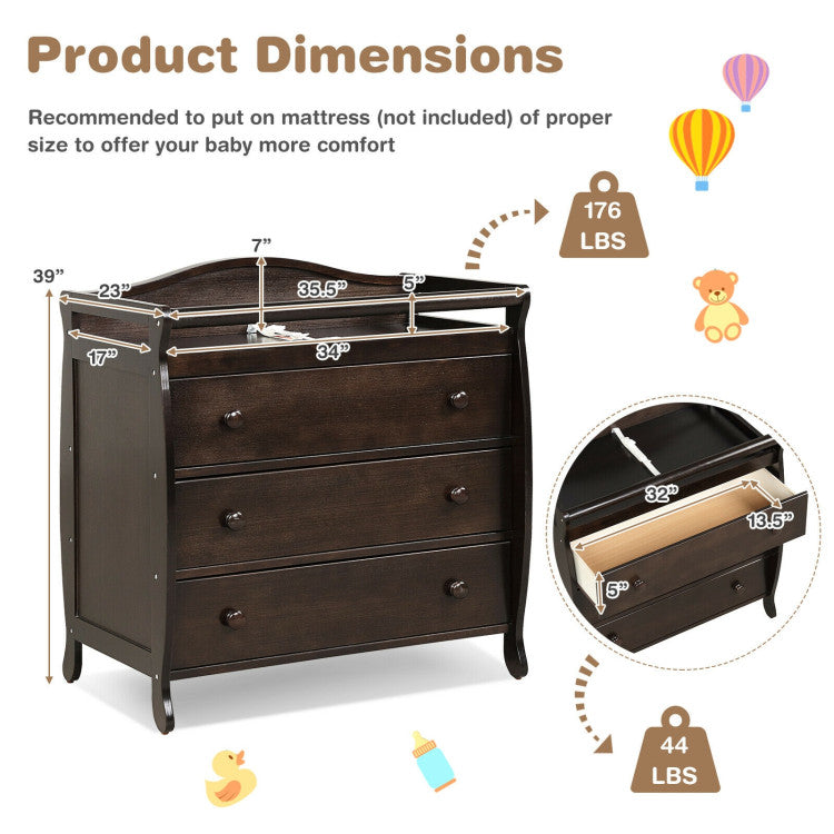 2 In 1 Baby Changer Dresser 3-Drawer Infant Diaper Changing Table with Safety Belt for Nursery