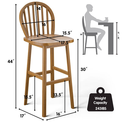 2 Pieces 30 Inch Height Wooden Bar Stools with Backrest and Footrest