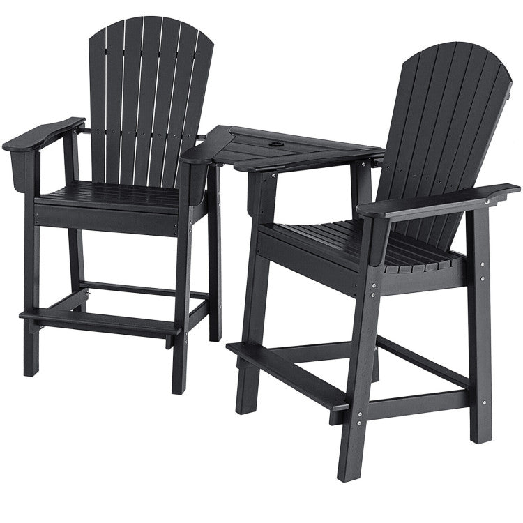 2 Pieces HDPE Tall Adirondack Chair Outdoor Barstools with Middle Connecting Tray and Umbrella Hole