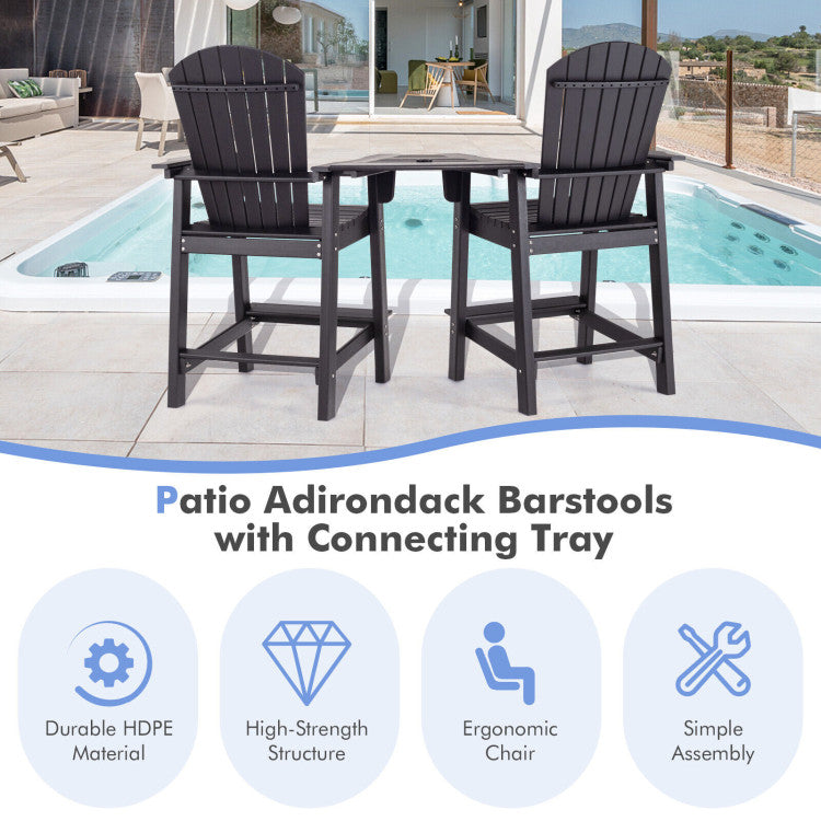 2 Pieces HDPE Tall Adirondack Chair Outdoor Barstools with Middle Connecting Tray and Umbrella Hole