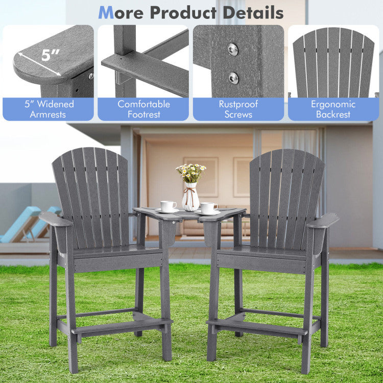 2 Pieces HDPE Tall Adirondack Chair Outdoor Barstools with Middle Connecting Tray and Umbrella Hole