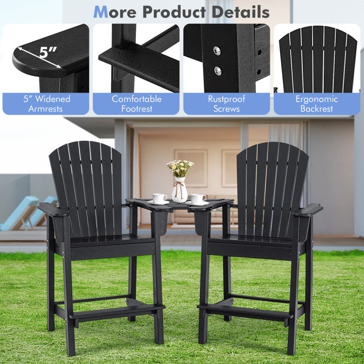 2 Pieces HDPE Tall Adirondack Chair Outdoor Barstools with Middle Connecting Tray and Umbrella Hole