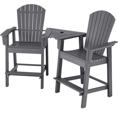 2 Pieces HDPE Tall Adirondack Chair Outdoor Barstools with Middle Connecting Tray and Umbrella Hole