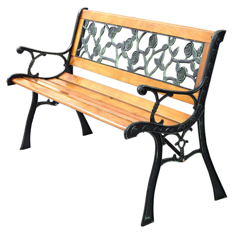 49.5 Inch Garden Resting Bench Outdoor Deck Hardwood Cast Iron Love Seat Patio Porch Chair with Armrests