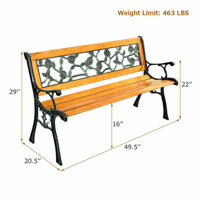 49.5 Inch Garden Resting Bench Outdoor Deck Hardwood Cast Iron Love Seat Patio Porch Chair with Armrests