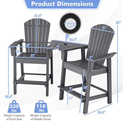 2 Pieces HDPE Tall Adirondack Chair Outdoor Barstools with Middle Connecting Tray and Umbrella Hole