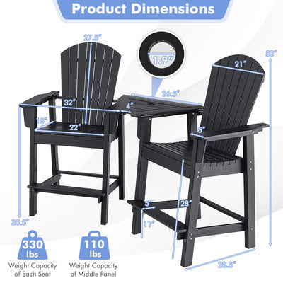 2 Pieces HDPE Tall Adirondack Chair Outdoor Barstools with Middle Connecting Tray and Umbrella Hole