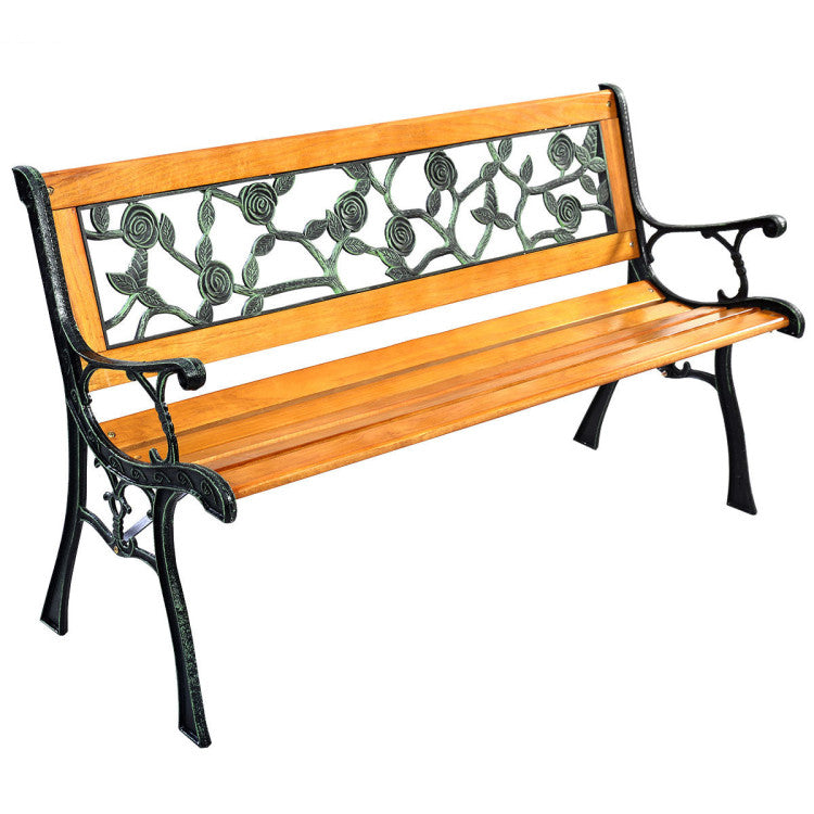 50 Inch Garden Resting Bench Outdoor Deck Hardwood Cast Iron Love Seat Patio Porch Chair with Armrests