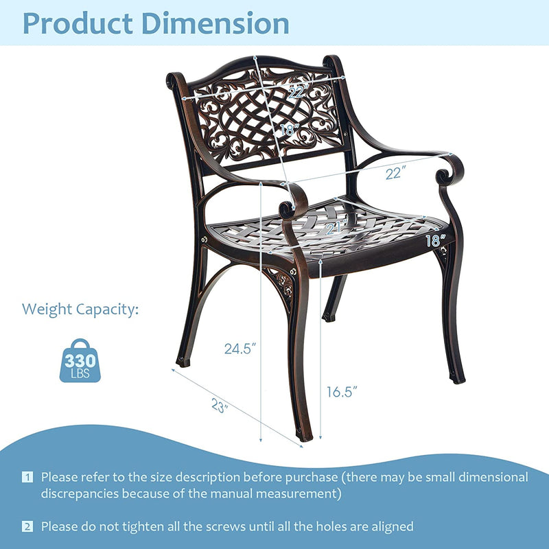 2 Pieces Outdoor Armchairs All-Weather Cast Aluminum Bistro Chairs Patio Dining Chairs with Armrests and Adjustable Feet