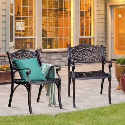 2 Pieces Outdoor Armchairs All-Weather Cast Aluminum Bistro Chairs Patio Dining Chairs with Armrests and Adjustable Feet