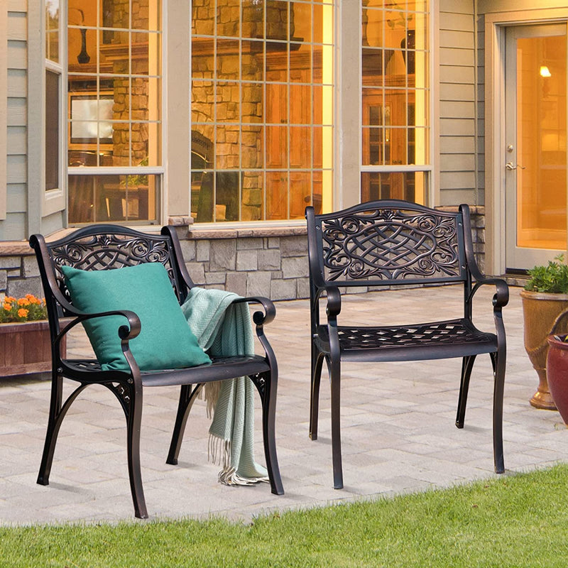 2 Pieces Outdoor Armchairs All-Weather Cast Aluminum Bistro Chairs Patio Dining Chairs with Armrests and Adjustable Feet