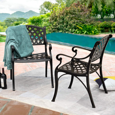 2 Pieces Outdoor Armchairs All-Weather Cast Aluminum Bistro Chairs Patio Dining Chairs with Armrests and Adjustable Feet