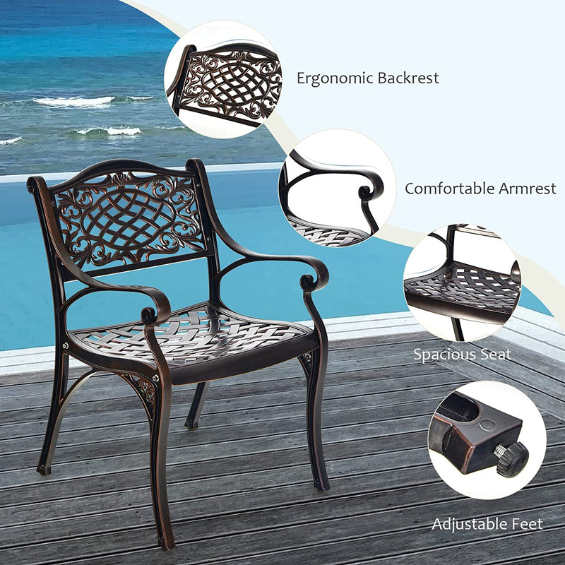 2 Pieces Outdoor Armchairs All-Weather Cast Aluminum Bistro Chairs Patio Dining Chairs with Armrests and Adjustable Feet