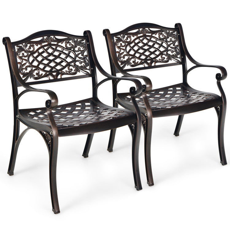 2 Pieces Outdoor Armchairs All-Weather Cast Aluminum Bistro Chairs Patio Dining Chairs with Armrests and Adjustable Feet