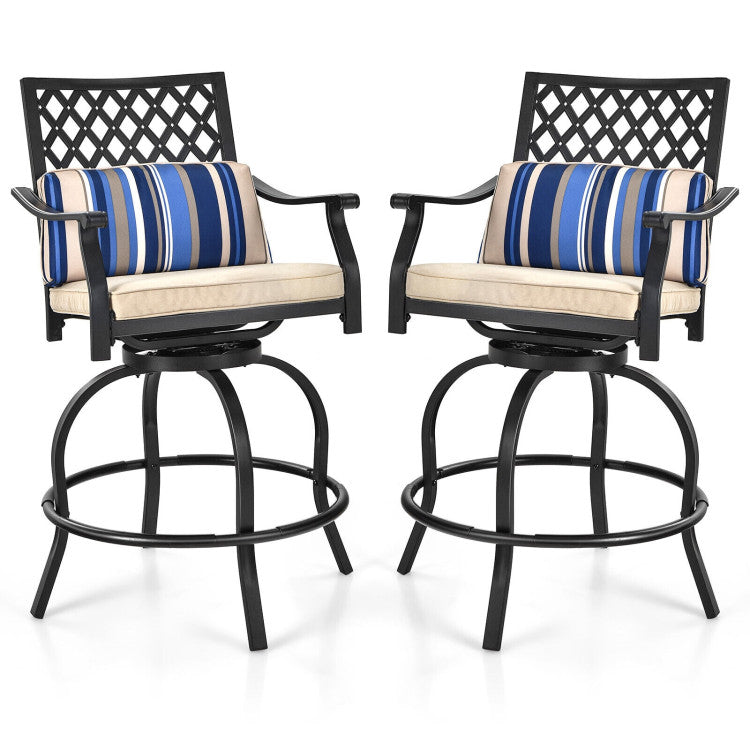 2 Pieces Outdoor Bar Height Metal Swivel Chairs with Soft Cushions