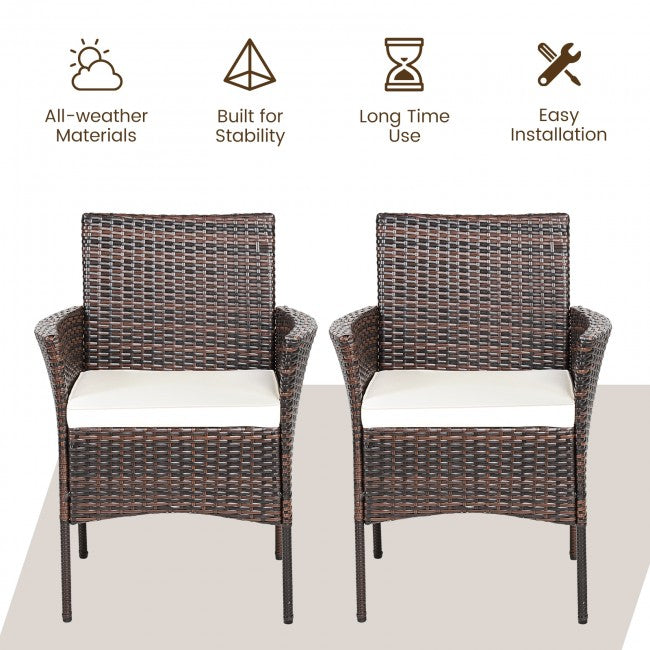 2 Pieces Rattan Arm Dining Chair Cushioned Sofa Furniture Patio