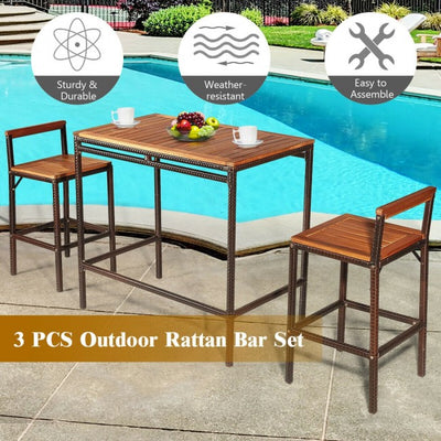 3 Pieces Outdoor Rattan Bar Height Bistro Set Patio Wicker Dining Furniture Set with Table and 2 Bar Chairs