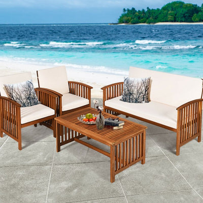 4 Pcs Patio Solid Wood Furniture Set with Water Resistant Cushions