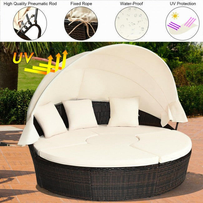 Outdoor Wicker Furniture Sets Patio Round Rattan Daybed With Retractable Canopy