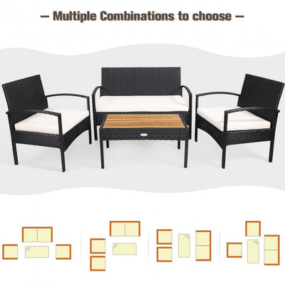4 Pieces Patio Rattan Furniture Set Sofa Chair Coffee Table with Cushion