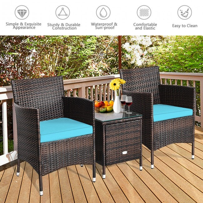 3 Pieces Patio Wicker Rattan Furniture Conversation Set with Coffee Table and Cushion