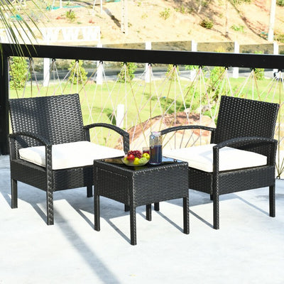 3 Pieces Outdoor Rattan Patio Conversation Set with Seat Cushions