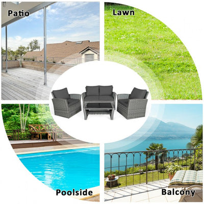 4 Pcs Patio Rattan Furniture Sofa Table Set with Storage Shelf Cushion