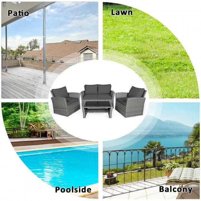 4 Pcs Patio Rattan Furniture Sofa Table Set with Storage Shelf Cushion