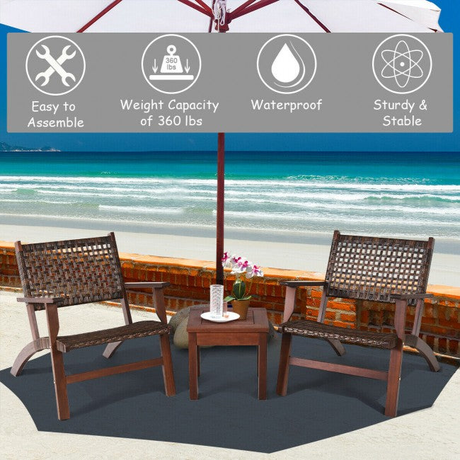 3 Pieces Outdoor Wooden Patio Rattan Furniture Set