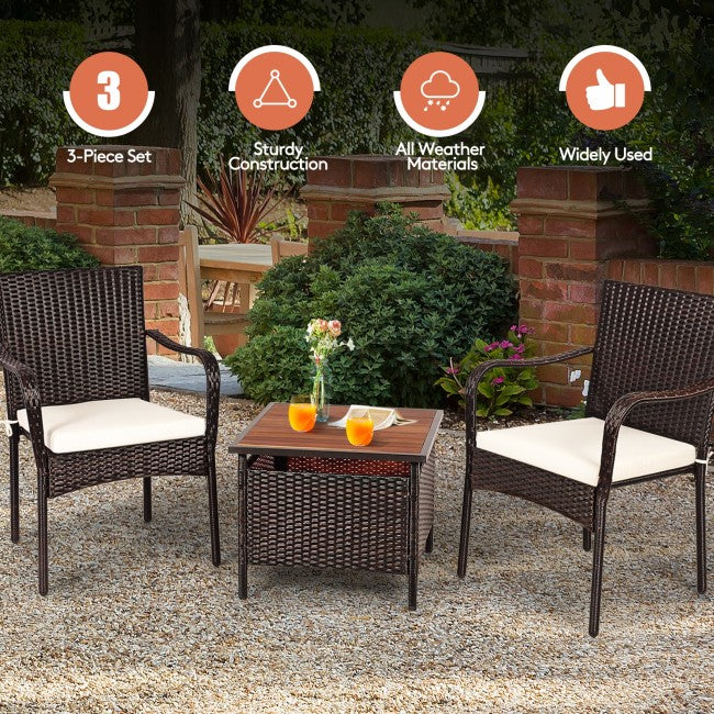 3 PCS Patio Rattan Furniture Bistro Set with Wood Side Table and Stackable Chair