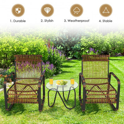 3 Pieces Outdoor Rattan Furniture Set Patio Conversation Set with Tempered Glass Table