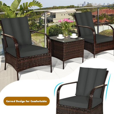 3 Pieces Patio Conversation Rattan Furniture Set with Glass Top Coffee Table and Cushions