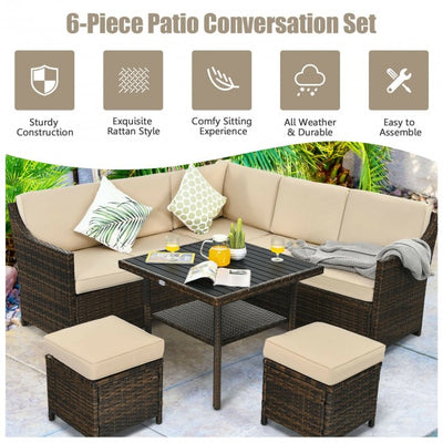 6 Pieces Outdoor Patio Rattan Furniture Set Conversation Sofa Set with Padded Cushion and Table