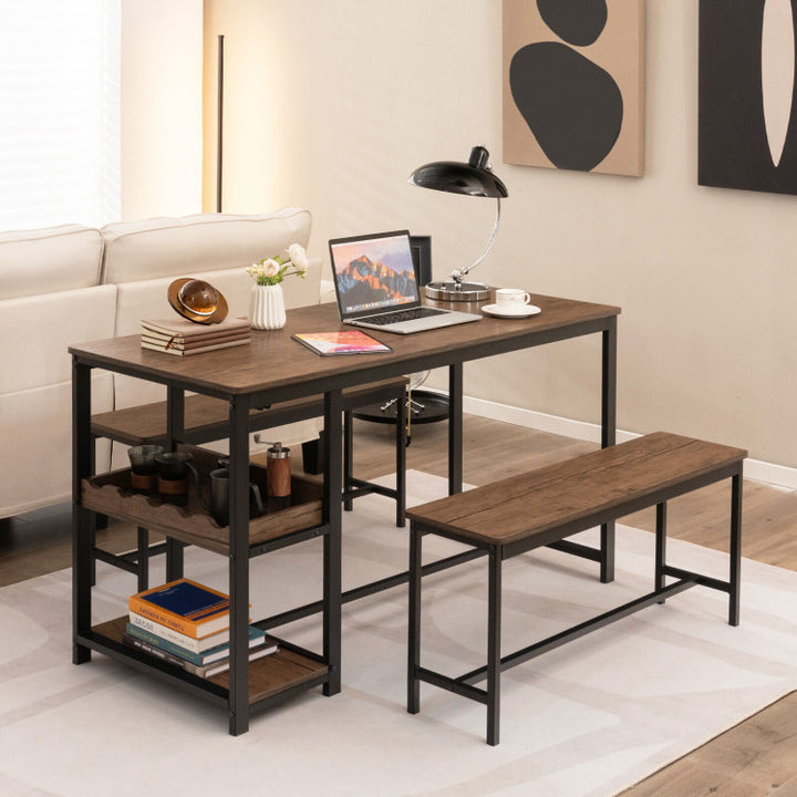 3-Piece Dining Table Set Kitchen Table and Chairs Set with Storage Shelves Glass Holder
