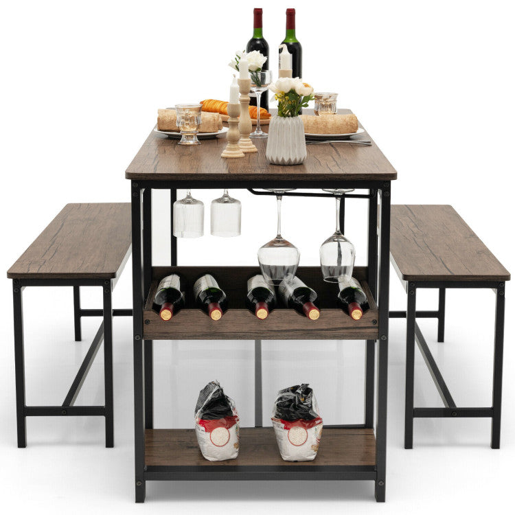 3-Piece Dining Table Set Kitchen Table and Chairs Set with Storage Shelves Glass Holder