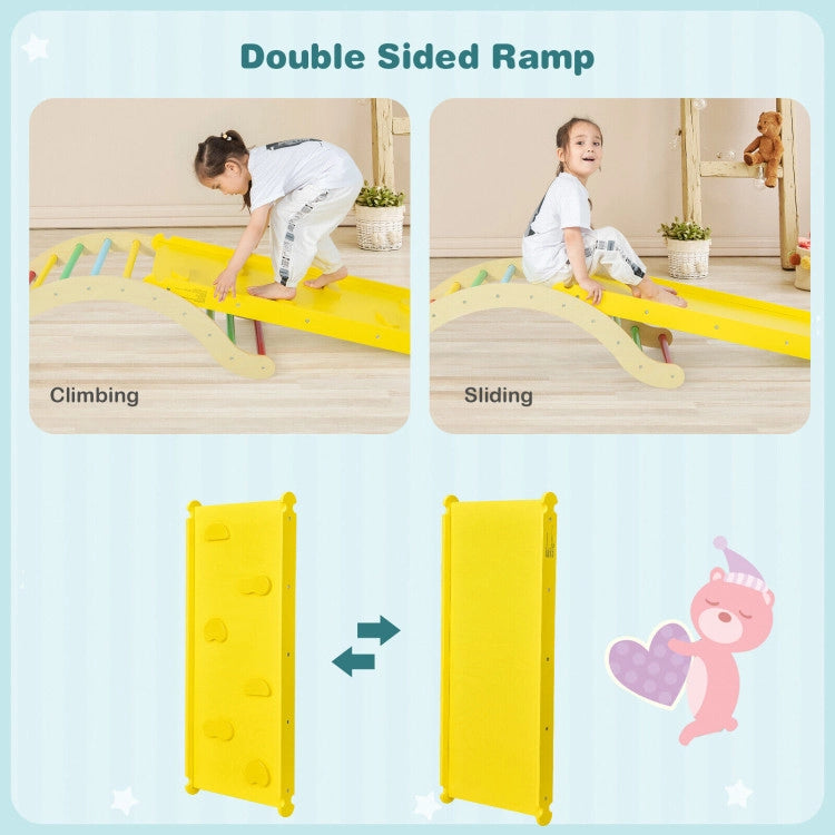 3-in-1 Kids Montessori Wooden Arch Climber Ladder Set Toddlers Climbing Toys Triangle Rocker Playset with Ramp and Mat