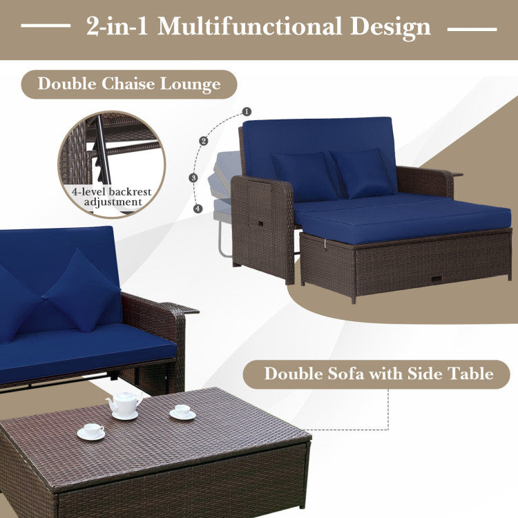 3-in-1 Multifunctional Sofa Set Patio Rattan Daybed Patiojoy Wicker Loveseat with Multipurpose Ottoman and Retractable Side Tray