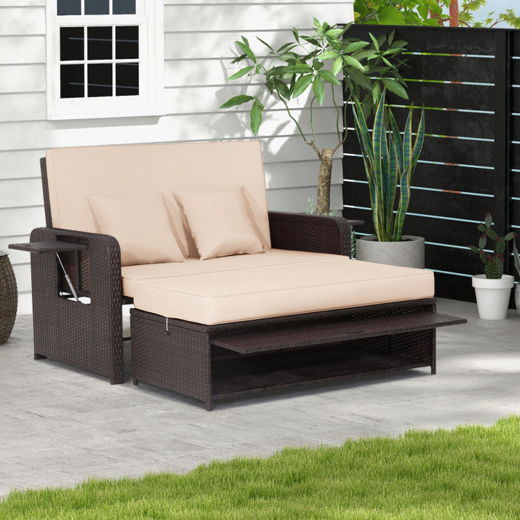 3-in-1 Multifunctional Sofa Set Patio Rattan Daybed Patiojoy Wicker Loveseat with Multipurpose Ottoman and Retractable Side Tray