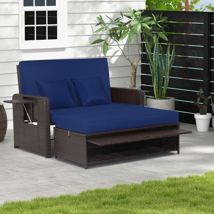 3-in-1 Multifunctional Sofa Set Patio Rattan Daybed Patiojoy Wicker Loveseat with Multipurpose Ottoman and Retractable Side Tray