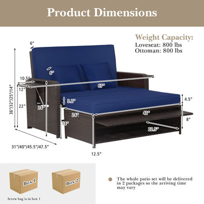 3-in-1 Multifunctional Sofa Set Patio Rattan Daybed Patiojoy Wicker Loveseat with Multipurpose Ottoman and Retractable Side Tray