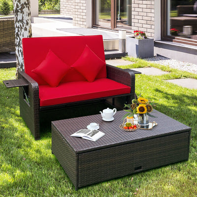 3-in-1 Multifunctional Sofa Set Patio Rattan Daybed Patiojoy Wicker Loveseat with Multipurpose Ottoman and Retractable Side Tray