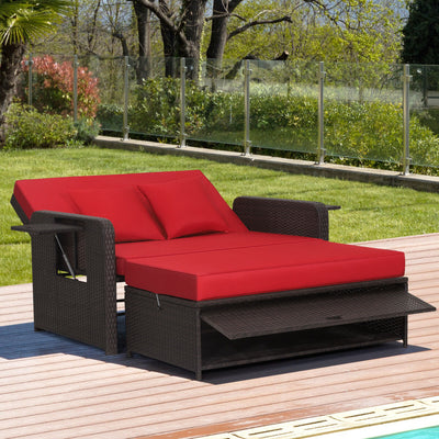 3-in-1 Multifunctional Sofa Set Patio Rattan Daybed Patiojoy Wicker Loveseat with Multipurpose Ottoman and Retractable Side Tray