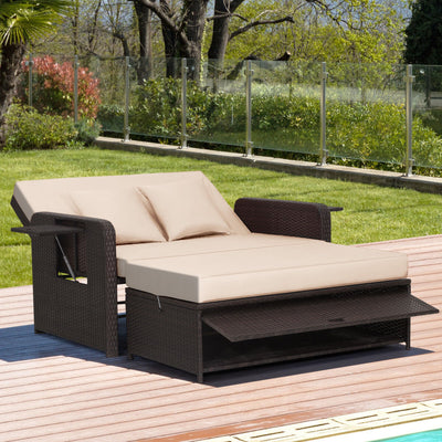 3-in-1 Multifunctional Sofa Set Patio Rattan Daybed Patiojoy Wicker Loveseat with Multipurpose Ottoman and Retractable Side Tray