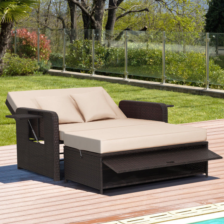 3-in-1 Multifunctional Sofa Set Patio Rattan Daybed Patiojoy Wicker Loveseat with Multipurpose Ottoman and Retractable Side Tray