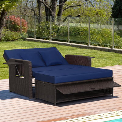 3-in-1 Multifunctional Sofa Set Patio Rattan Daybed Patiojoy Wicker Loveseat with Multipurpose Ottoman and Retractable Side Tray