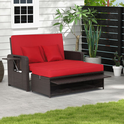 3-in-1 Multifunctional Sofa Set Patio Rattan Daybed Patiojoy Wicker Loveseat with Multipurpose Ottoman and Retractable Side Tray